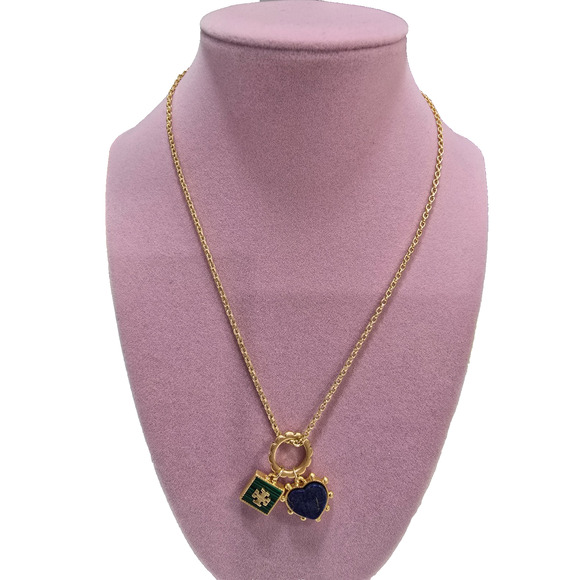 Tory Burch Enamel Blue Heart&Green Square Logo Pendants Necklace *NWOT MSRP=$148 - Picture 1 of 6